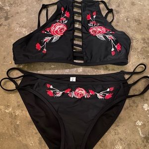 Rue21 Black Embroidered Roses Bikini